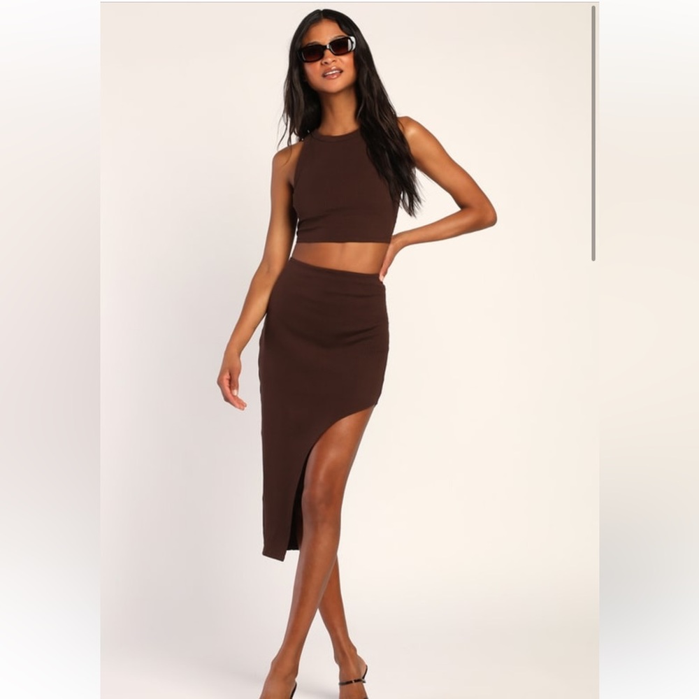 NWT VIP Vibes Brown Ribbed Knit Two-Piece Bodycon Midi Dress